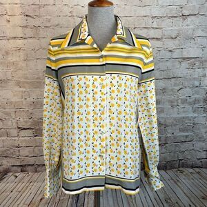 Vintage Collegian of California Button Down Blouse Mod Floral Stripe Yellow Gray